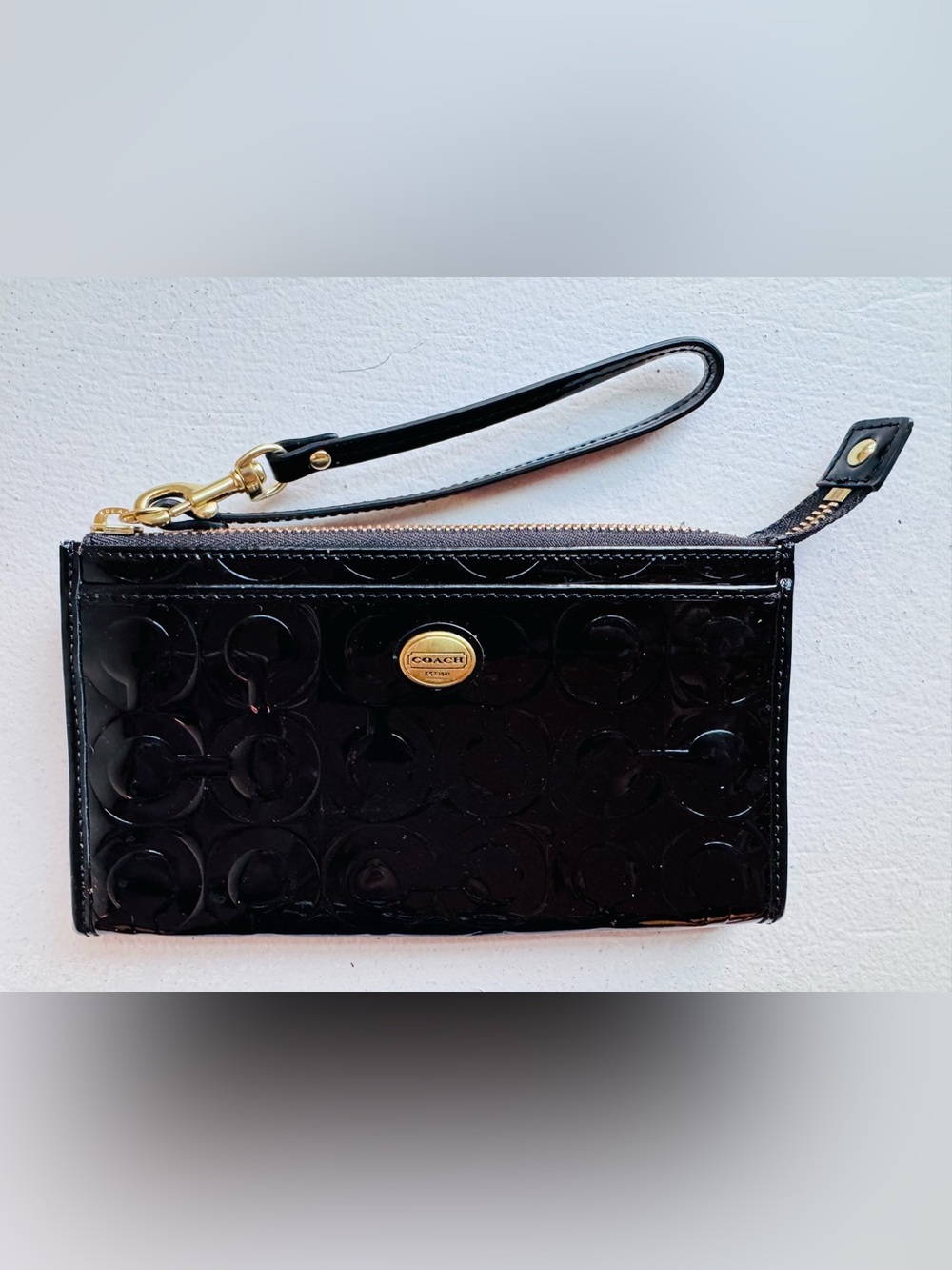 Coach Black Patent Wristlet with Gold-Tone Logo